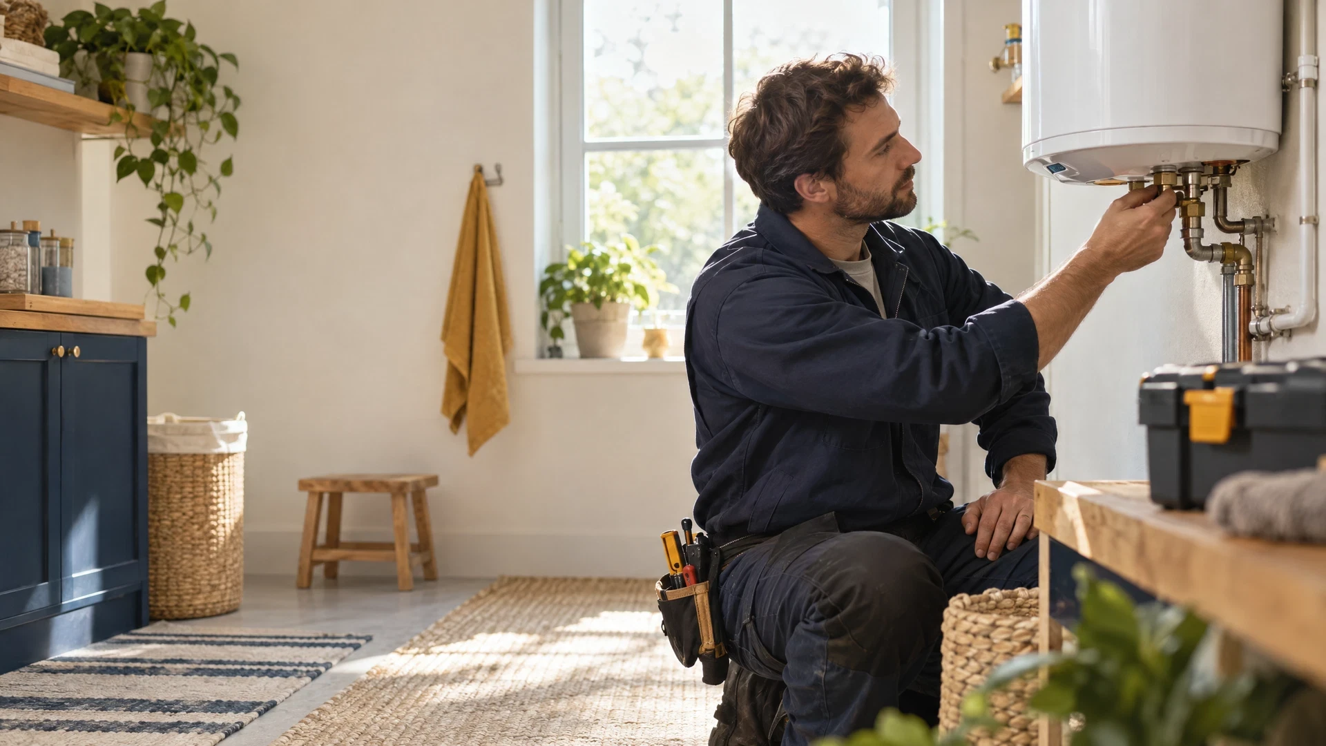 Technician visually assessing a household water heater
