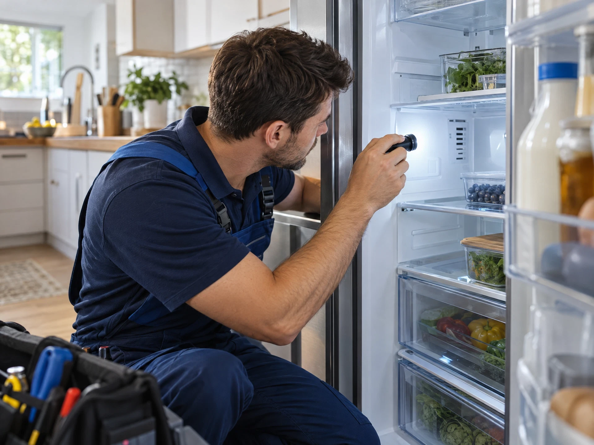 Technician inspecting an open refrigerator in a kitchen