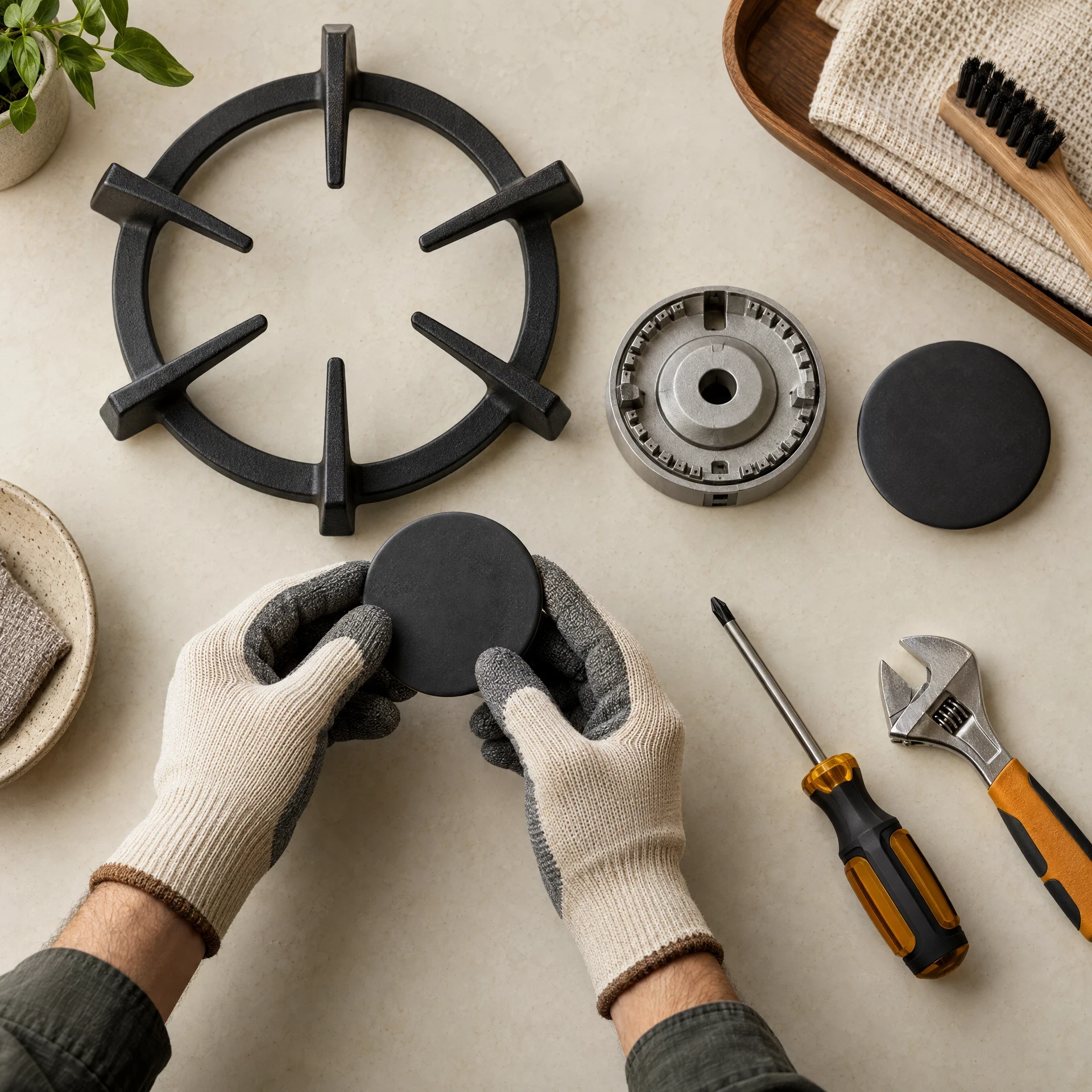 Stove burner components arranged on a clean workbench