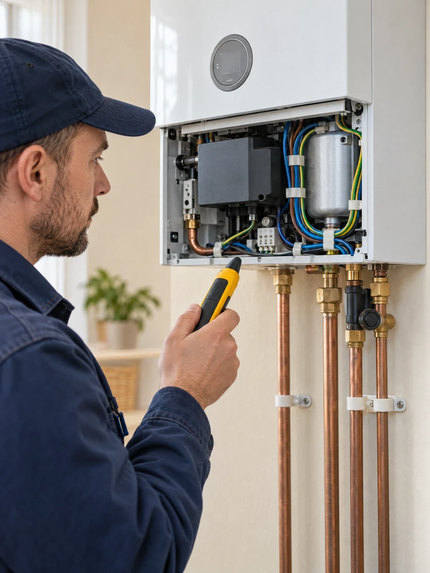 Technician visually checking a boiler enclosure