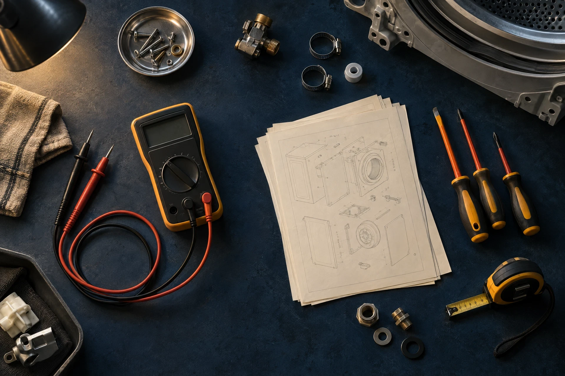 Organized appliance diagnostic tools on a dark work surface