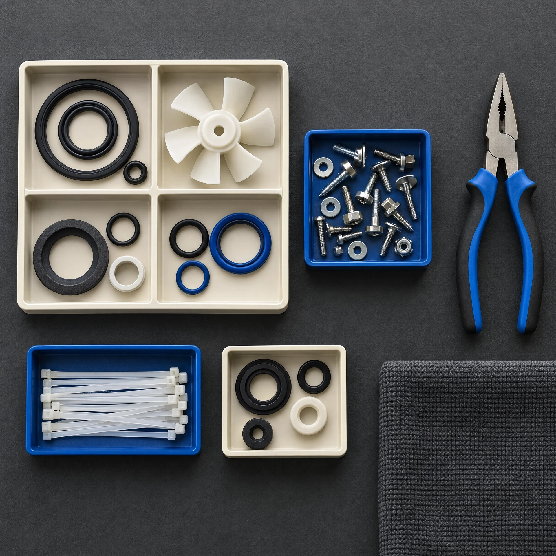 Organized appliance parts and tools in trays