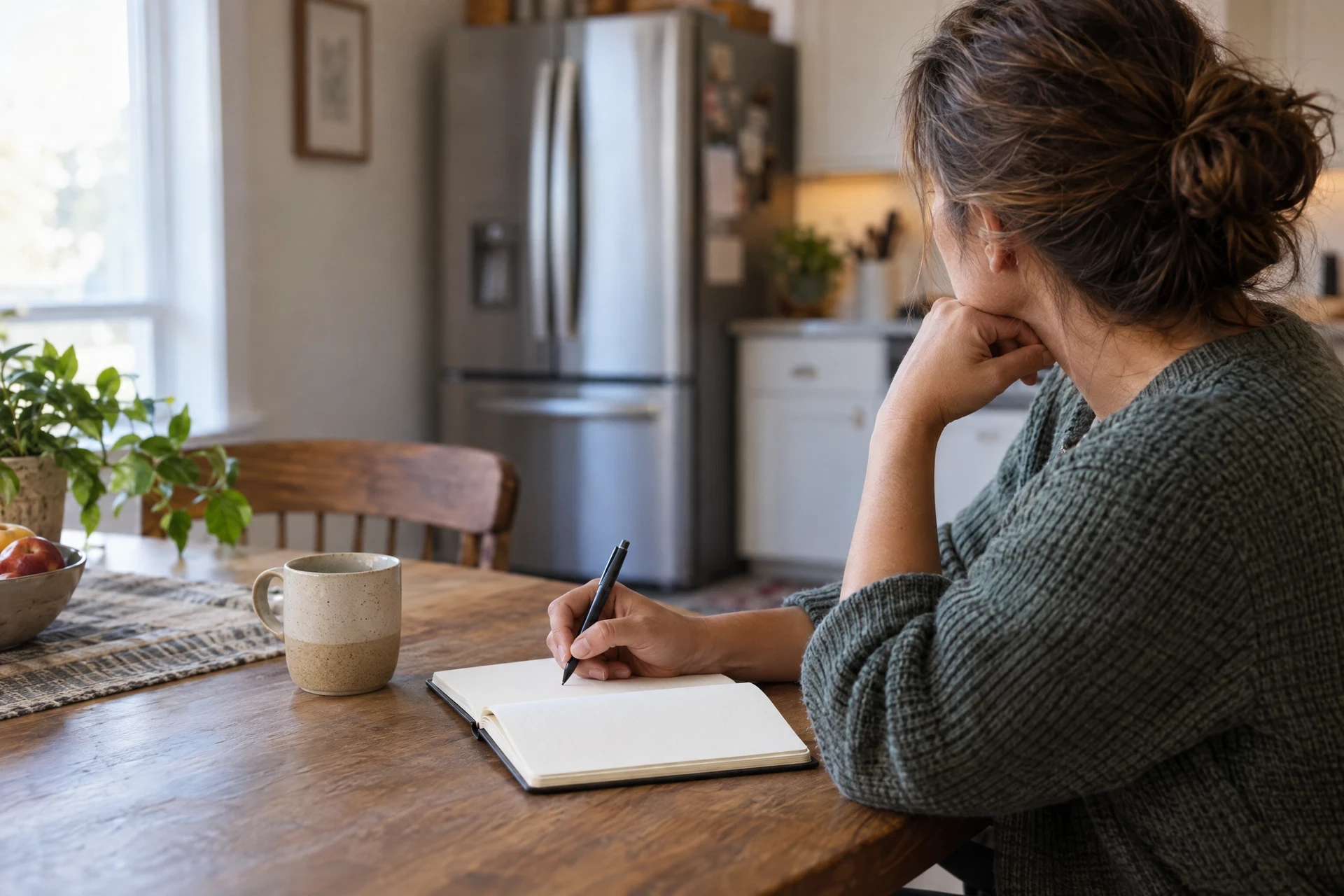 Person writing appliance observations in a notebook